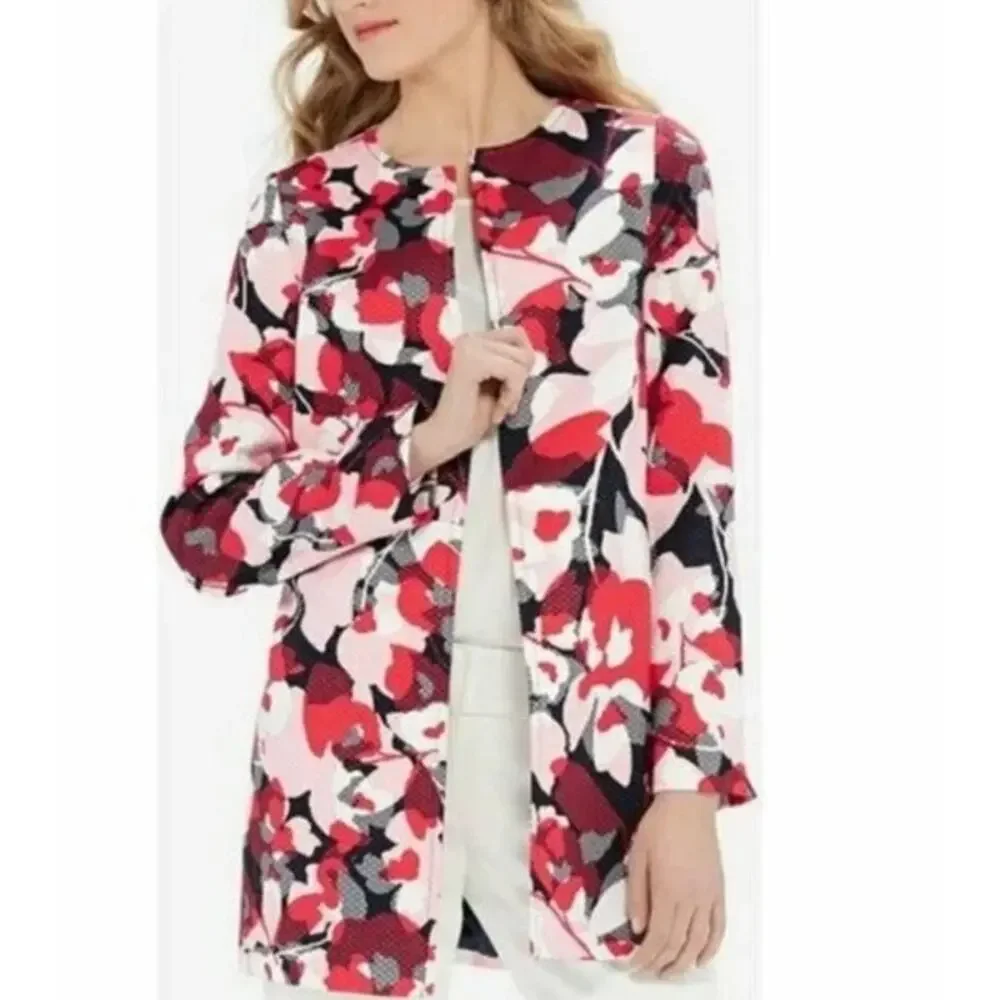The Limited Women's Pink Red Floral Open Jacket Cotton Pique Size Large